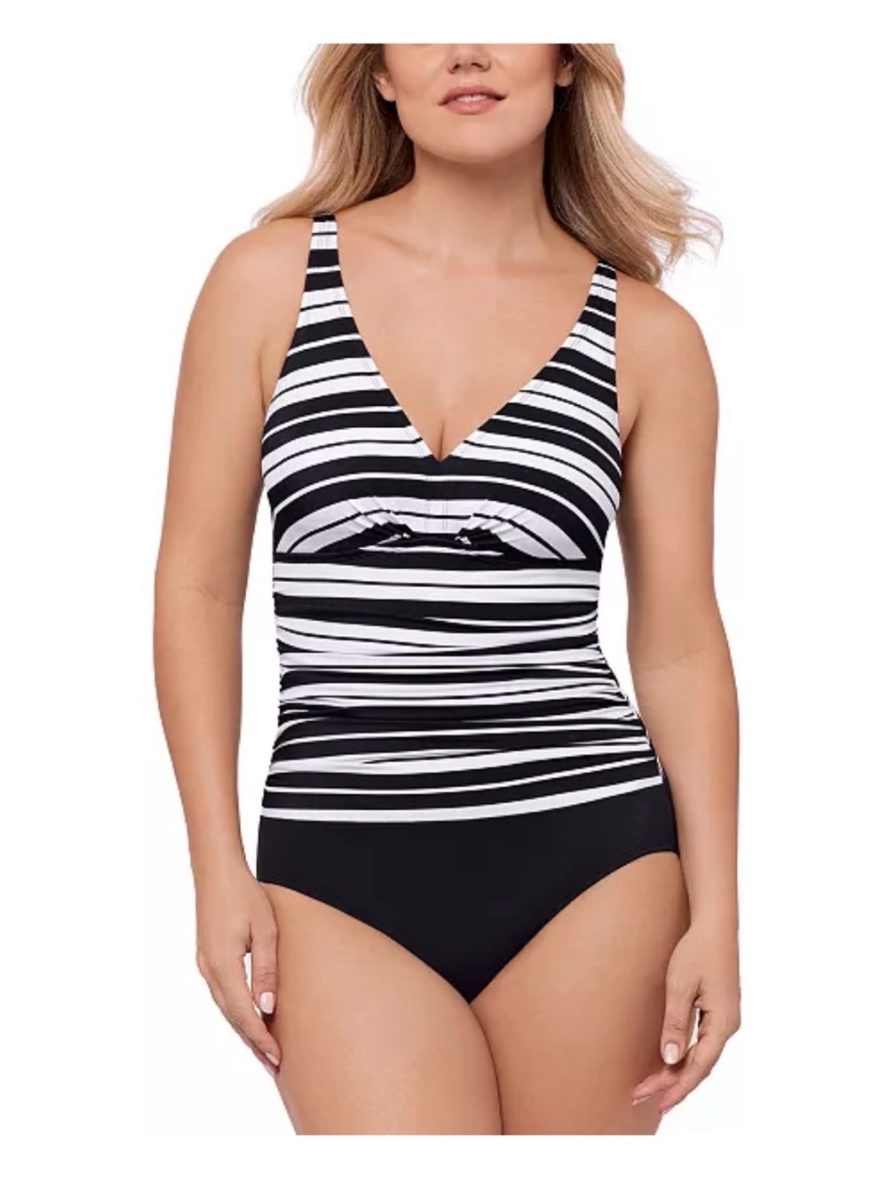 Black White Stripe VNeck Tummy Control One Piece Swimsuit Size 16